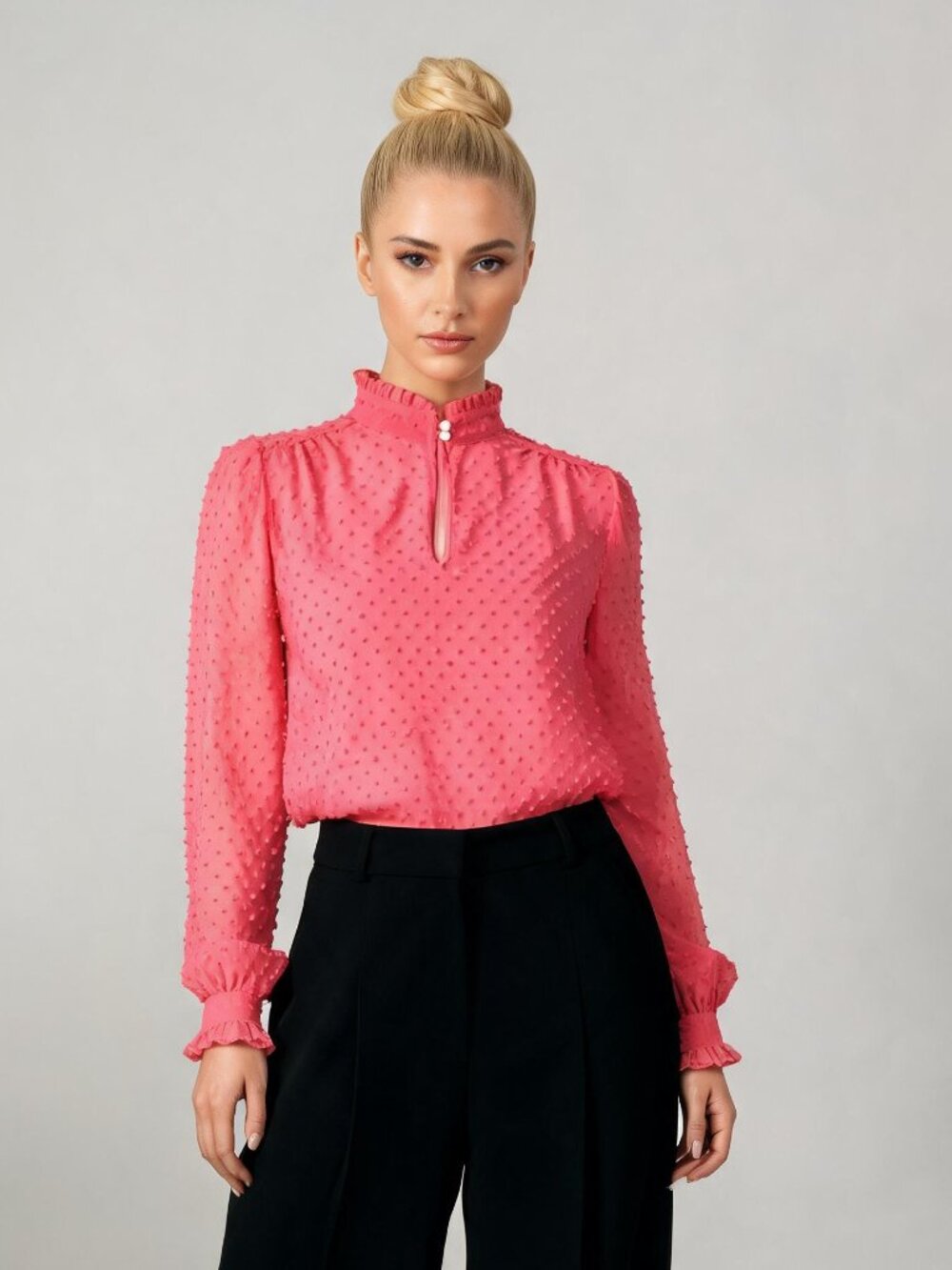 J. CREW FACTORY | Fuchsia Sheer Swiss Dot High Ruffle Neck Blouse Sz 0